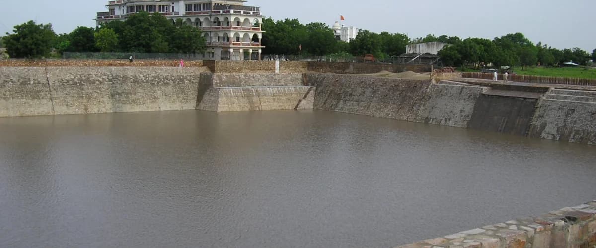 Aerial view of Swami Madhavanand Sarovar rainwater harvesting lake